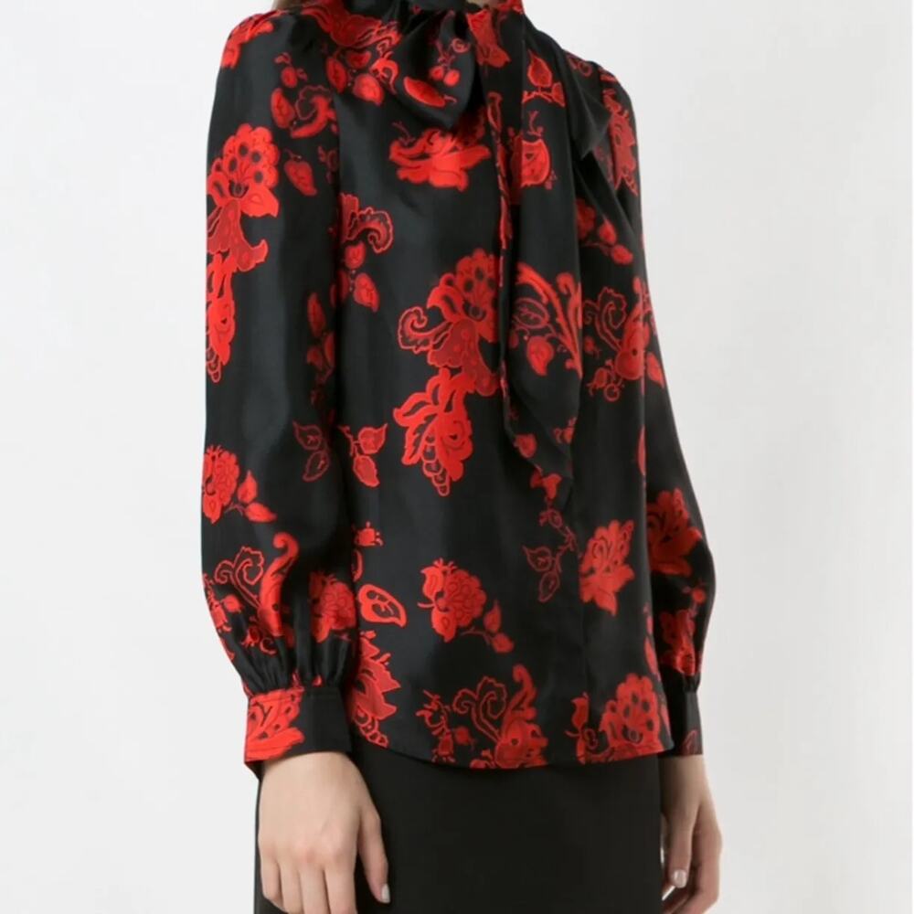 Tory Burch 100% Silk Floral Long Sleeve Tie Neck Blouse Black Red Women's 10